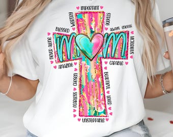 Floral Mom Cross PNG Design, Christian Mother's Day Sublimation Graphic, Pink Teal Gold Glitter Faith Mom Shirt Design, Digital Download