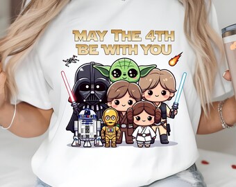 Que el 4 de mayo te acompañe Star Wars PNG, Darth Vader Grogu Luke Leia Han Solo R2D2 C3PO Diseño de camiseta de personaje chibi lindo, Descarga digital