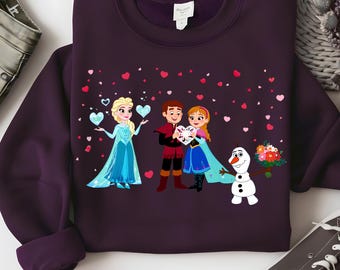 PNG di San Valentino Frozen, Clipart di Elsa con il cuore magico, PNG di amore tra Anna e Kristoff, Arte con fiori di Olaf, Design di coppia carina Disney Frozen per San Valentino PNG