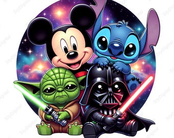 Star Wars Mickey Mouse point Grogu Darth Vader PNG, mignon Galaxy Crossover Chibi personnage chemise Design le 4 mai graphique à télécharger