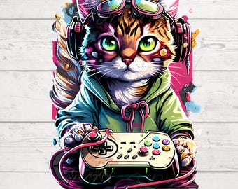 Gamer kat png, aquarel kat png, gamer png, schattige kat png, videogames png, gamer digitaal tshirt ontwerp, hoge resolutie, instant download