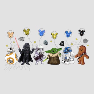 K&ouml;nnte beinhalten: Eine Gruppe von Star Wars-Charakteren, darunter Darth Vader, ein Sturmtruppler, Yoda, R2-D2 und Chewbacca, stehen in einer Reihe. Sie tragen alle ihre ikonischen Kost&uuml;me und halten ihre charakteristischen Waffen. Die Figuren sind von bunten Ballons mit Mickey-Maus-Ohren umgeben.