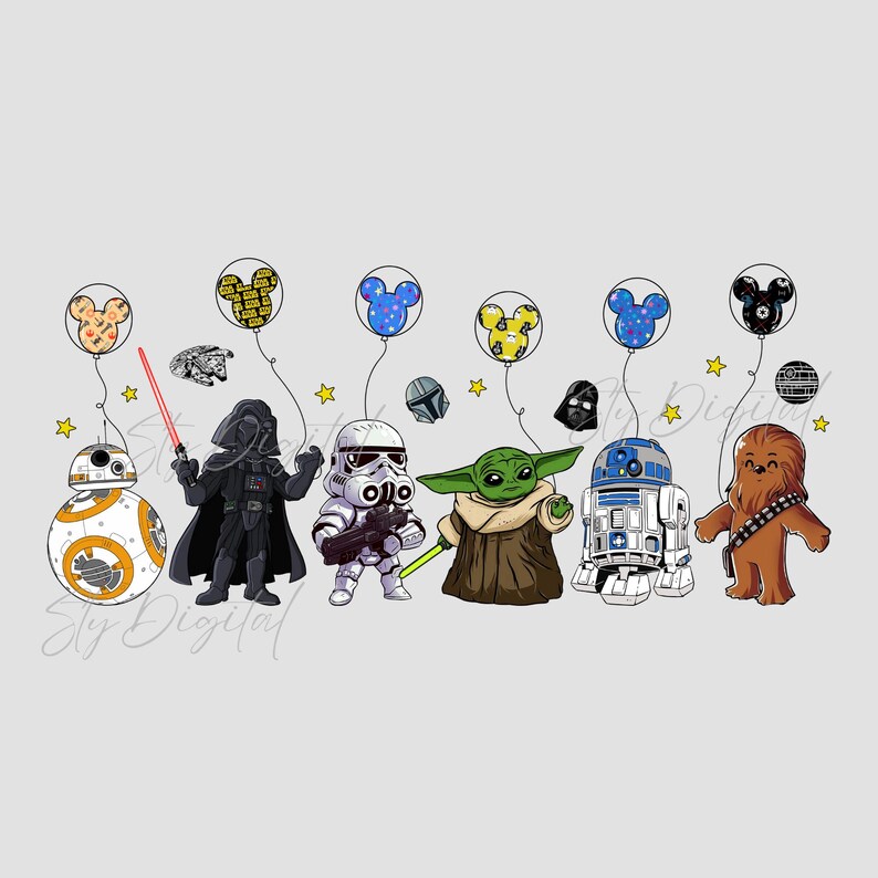 K&ouml;nnte beinhalten: Eine Gruppe von Star Wars-Charakteren, darunter Darth Vader, ein Sturmtruppler, Yoda, R2-D2 und Chewbacca, stehen in einer Reihe. Sie tragen alle ihre ikonischen Kost&uuml;me und halten ihre charakteristischen Waffen. Die Figuren sind von bunten Ballons mit Mickey-Maus-Ohren umgeben.