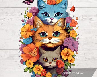 Cat With Flowers Png, Cute Cat Png, Cat Clipart Png, Cute Animal Png, Cat Digital Tshirt Design, High Resolution, Instant Download