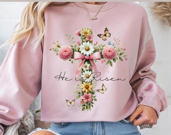 Floral Cross PNG: He Is Risen, Easter Christian Design (Digital Download)