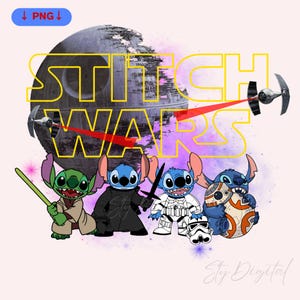 May include: Stitch Wars graphic with a blue and green Stitch character in a Yoda costume, a blue Stitch character in a Darth Vader costume, a blue Stitch character in a Stormtrooper costume, and a blue Stitch character in a BB-8 costume. The background is a watercolor effect with a Death Star and the text "Stitch Wars" in yellow.