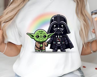 PNG de arcoíris de Star Wars, PNG de Yoda y Darth Vader, PNG de personajes lindos de Star Wars, PNG de amigos de la galaxia, PNG de Jedi y Sith coloridos, PNG de espacio de dibujos animados