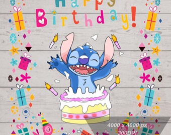 Feliz cumpleaños PNG, cumpleaños de Stitch PNG, lindo feliz cumpleaños de Stitch, cumpleaños de bebé, diseño de camiseta de feliz cumpleaños, fondo transparente