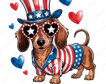 Patriotic Dachshund Clipart: 4th of July USA Flag Dog (PNG Digital Download