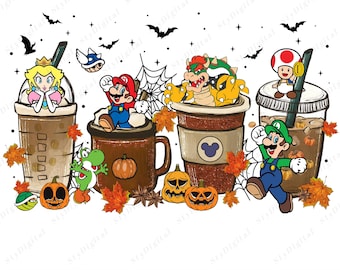 Op de afbeelding: Digitale download met Super Mario Bros.-personages in koffiebekers. Peach, Mario, Bowser, Toad en Luigi worden afgebeeld met herfst- en Halloween-elementen, waaronder pompoenen en vleermuizen. De achtergrond is wit.