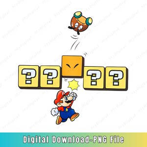 Super Mário PNG, Clipart de Jogos Retro, Arte de Mario em Bloco de Interrogação, Sublimação de Mario Saltitante, Design de Videogame, Imprimível de Jogador dos Anos 90, Download