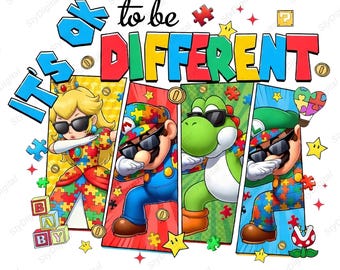 PNG "Está bien ser diferente", diseño inspirado en Mario para concienciar sobre el autismo, diseño de camiseta con piezas de rompecabezas, descarga digital sobre neurodiversidad
