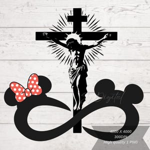 May include: Black and white silhouette of Jesus on the cross with a halo and rays of light. Below the cross is a black infinity symbol with a red and white polka dot bow on the left side. The image has the text "4000 x 4000 300DPI High quality 1 PNG" at the bottom.