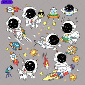 May include: A set of colorful cartoon illustrations featuring astronauts, rockets, planets, stars, and a UFO. The astronauts are wearing white spacesuits with black helmets and are in various poses. The rockets are red and white with flames coming out of the back. The planets are blue, green, and orange. The stars are yellow and white. The UFO is gray with a black window.