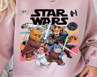 Star Wars Pooh Bear Mashup PNG, Winnie The Pooh Tigger Eeyore Jedi Galaxy Cartoon Parody Design With Millennium Falcon, Digital Download
