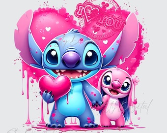 スティッチ PNG、I Love You エンジェル PNG、スティッチとエンジェル、水彩ステッチ PNG、スティッチ カップル PNG、エンジェル水彩、デジタル T シャツ デザイン