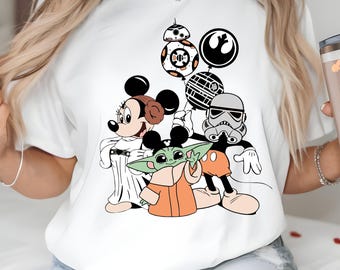 Mickey Mouse Star Wars PNG Design, Princess Leia Mickey Grogu Baby Yoda BB8 R2D2 Stormtrooper Galaxy Mashup Cartoon Shirt Graphic, Download