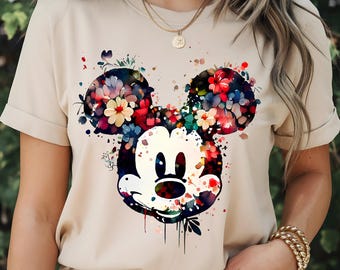 Mickey Mouse retro con diseño floral en formato PNG, cara de Mickey Mouse, Disney retro, diseño de camiseta de Mickey Mouse, alta resolución, fondo transparente