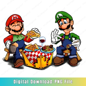 Funny Mario Luigi Italian Food PNG, Gamer Pizza Spaghetti Clipart, Comic Style Sublimation Design, Sticker T-Shirt Mug Use, Instant Download