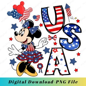 4th of July Minnie PNG, Patriotic Minnie Mouse Clipart, USA Red White Blue Sublimation Design, Independence Day PNG, Digital Download