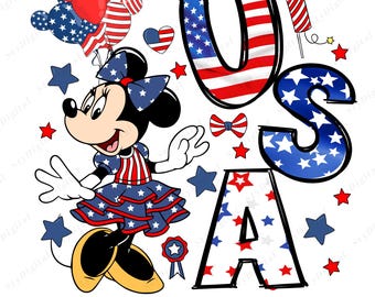 4th of July Minnie PNG, Patriotic Minnie Mouse Clipart, USA Red White Blue Sublimation Design, Independence Day PNG, Digital Download