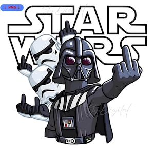 Könnte beinhalten: Darth Vader und zwei Stormtrooper aus Star Wars zeigen den Mittelfinger. Das Bild ist im Cartoon-Stil.