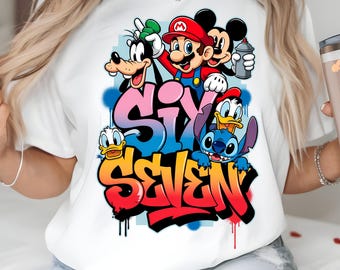 Six Seven Png, Cartoon Graffiti Style Number Design with Mario Mickey - Goofy - Donald - Stitch, Colorful Street Art Graphic, Download