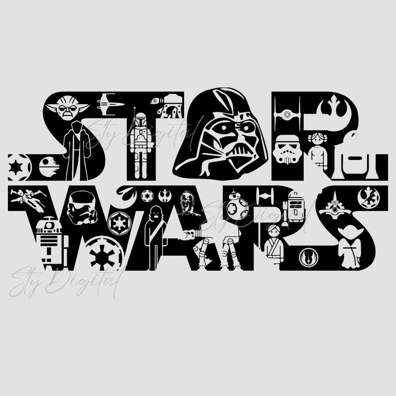 K&ouml;nnte beinhalten: Schwarzwei&szlig;es Grafikdesign des Wortes "STAR WARS" mit verschiedenen Charakteren und Symbolen aus dem Star Wars-Franchise.