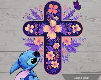 Cruz de flores bordada PNG: Dibujo cristiano (Descarga digital)