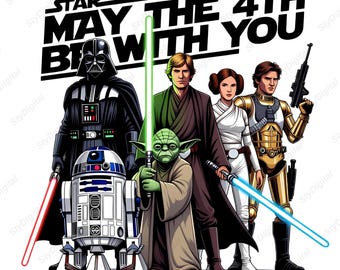 Star Wars May The 4th Be With You PNG, Diseño de camiseta de Darth Vader, Luke Skywalker, Princesa Leia, Han Solo, Yoda y R2D2, Descarga digital