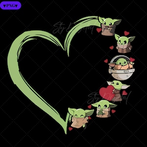 May include: Green heart-shaped outline with six cartoon images of a green alien character, known as Baby Yoda, in various poses. The alien is holding a heart, a cup, and a small creature. The images are arranged in a circle around the heart.