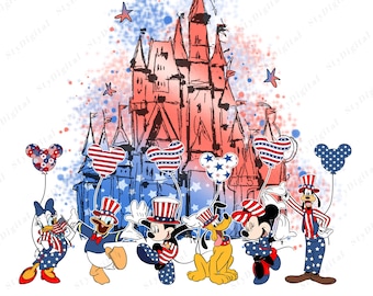Patriotic Disney Castle PNG, 4th of July Mickey And Minnie Clipart, Independence Day Sublimation Design, Patriotic Disney Characters PNG