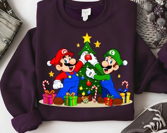 Mario navideño PNG, Mario y Luigi decorando el árbol, imágenes prediseñadas navideñas de Nintendo, diseño navideño para gamers, descarga digital