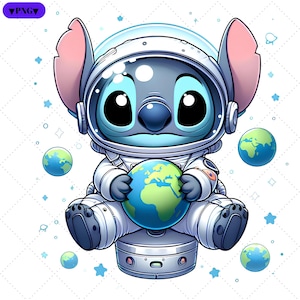 Può includere: Un personaggio dei cartoni animati blu e bianco che indossa una tuta da astronauta e tiene in mano un globo terrestre verde e blu. Il personaggio è circondato da stelle e pianeti su uno sfondo bianco.