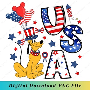 May include: A patriotic digital graphic featuring the word "USA" in red, white, and blue, with stars and stripes. A cartoon dog wearing a patriotic hat and collar is also featured, along with balloons and fireworks. The text "Digital Download-PNG File" is at the bottom.