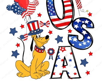 4th of July PNG, Pluto Clipart, Patriotic Disney PNG, USA Letters Png, Red White Blue Design, Independence Day Png, Fireworks Party Clipart