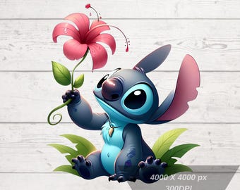 Stitch Flower Png, Cute Stitch Png, Stitch Clipart, Cartoon Png, arquivo para Sublimação, Fundo Transparente, Alta Resolução, Download