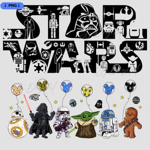 2-PNG Star Wars Png, Star Wars Design Svg, Star Wars Balloons, Star Wars text Character Silhouettes, High-Resolution, Transparent Background
