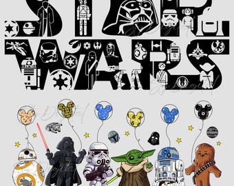 2-PNG Star Wars Png, Star Wars Design Svg, Star Wars Balloons, Star Wars text Character Silhouettes, Wysoka rozdzielczość, Przezroczyste tło