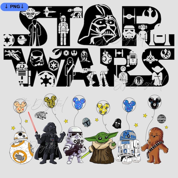 2-PNG Star Wars Png, Star Wars Design Svg, Star Wars Balloons, Star Wars text Character Silhouettes, High-Resolution, Transparent Background