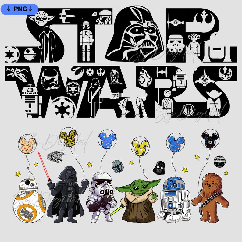 2-PNG Star Wars Png, Star Wars Design SVG, Star Wars Luftballons, Star Wars Text Charakter Silhouetten, hochauflösende, transparente Hintergrund Bild 1