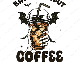 Spooky Iced Coffee Clipart: Batty Skeleton Hand Design (PNG Digital Download