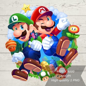 May include: A digital illustration of Mario and Luigi, iconic video game characters, in a cartoon style. Mario is wearing his signature red cap and overalls, while Luigi is wearing a green cap and overalls. They are both smiling and appear to be running. The background features a green, blue, and white landscape with clouds, mushrooms, and flowers.