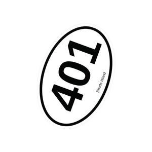 May include: White oval sticker with a black border. The number "401" is in bold, black font. The words "Rhode Island" are printed in a smaller font along the bottom edge. A state area code sticker.
