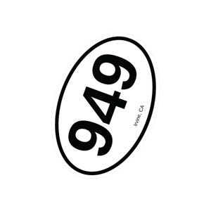May include: White oval sticker with black text that reads "949 Irvine, CA".