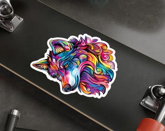 Pegatina de lobo colorido: vinilo resistente al agua