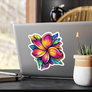 Décalcomanies en vinyle découpées Plumeria Flower, Sticker tropical, Sticker fleur hawaïenne, vinyle résistant à l'eau, Sticker pour ordinateur portable, Sticker voiture