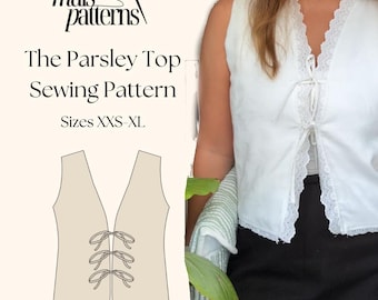 Naaipatroon peterselie-top | Digitaal pdf-naaipatroon, direct downloaden | Top met gestrikte voorkant | Maten XXS-XL | Trendy doe-het-zelf mouwloze striktop