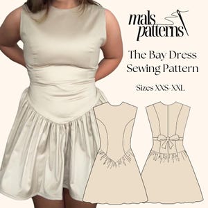 May include: A sewing pattern for a dress called "The Bay Dress" by Mals Patterns. The pattern is available in sizes XXS-XXL. The pattern includes a front and back view of the dress.