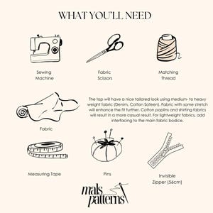 Peut inclure: Une liste de fournitures de couture n&eacute;cessaires pour un projet de couture. Les fournitures comprennent une machine &agrave; coudre, des ciseaux &agrave; tissu, du fil assorti, du tissu, un m&egrave;tre ruban, des &eacute;pingles et une fermeture &eacute;clair invisible. Le texte "WHAT YOU'LL NEED" est en haut de l'image. Le texte "mals patterns" est en bas de l'image.